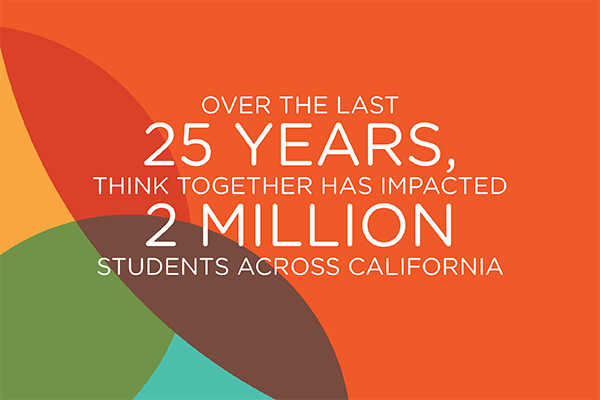 Orange background with colorful shapes and white text about Think Together impacting 2 million students.