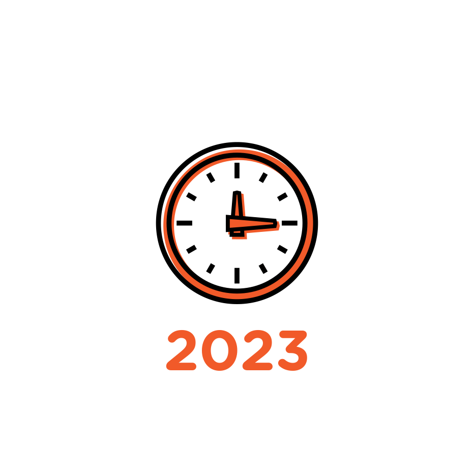 Orange and black clock illustration showing 2:30 with the year “2023” below it.