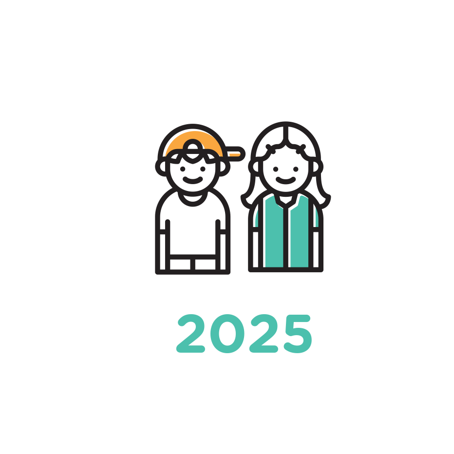 Illustration of two smiling children with the year 2025 below, representing the future of education.