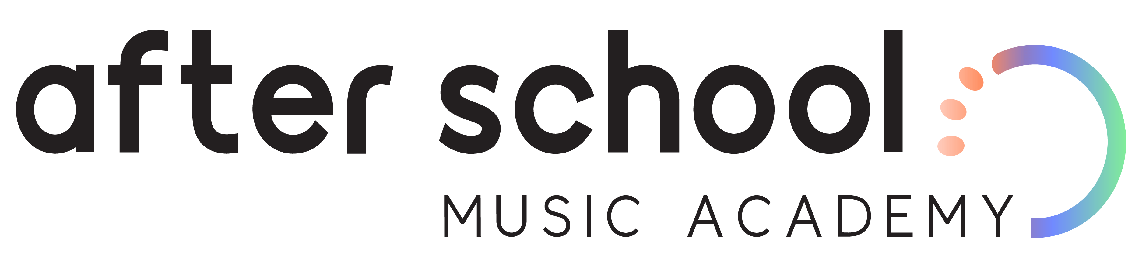 After School Music Academy logo with a colorful semi-circle graphic on the right.