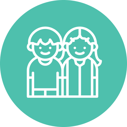 A teal circular icon depicting two children standing side by side, outlined in white.