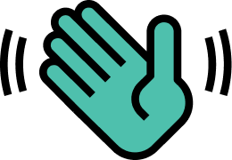 Teal and black waving hand icon symbolizing greeting or connection.