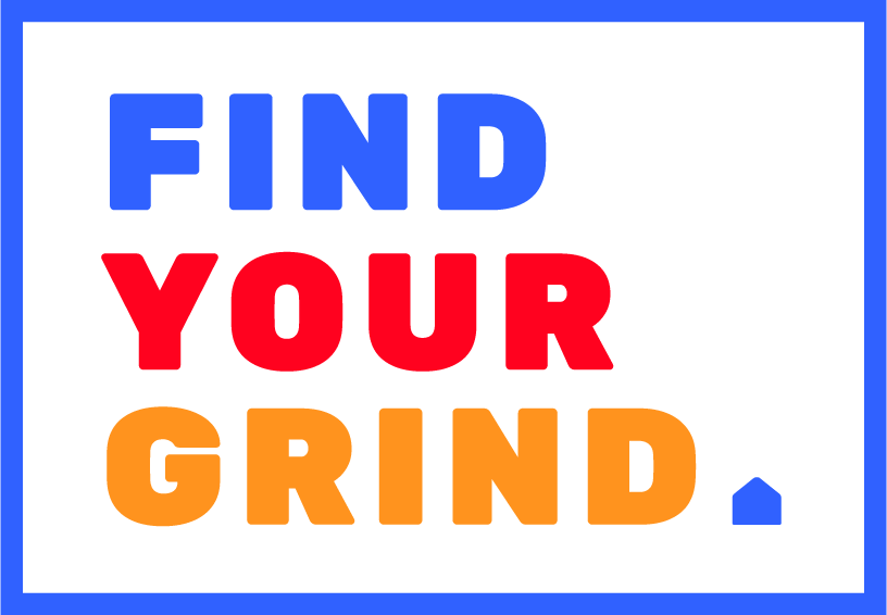 Find Your Grind logo with bold blue, red, and orange text on white background.