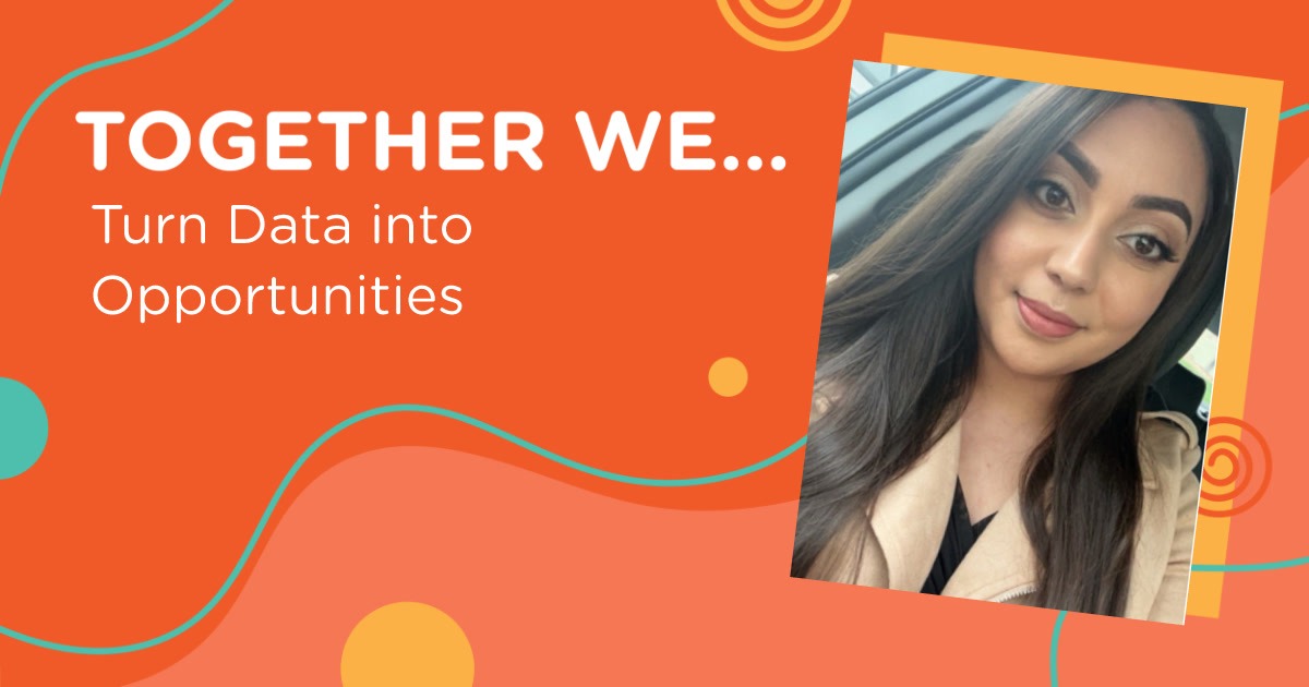 A graphic banner with an orange background reading "TOGETHER WE... Turn Data into Opportunities" next to a portrait of a woman.